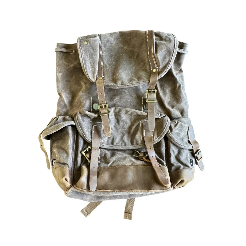 Vintage Style Waxed Canvas Leather Rucksack Backpack Buckle Flap Unisex